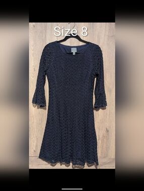 Rabbit Rabbit Rabbit Navy Crochet Long Sleeve Fit & Flare Dress